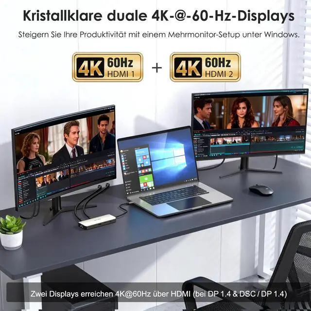 Alt view image 3 of 7 - Laptop Docking Station, Docking Station Dual HDMI | Dual 4K@60Hz, 100W PD in,3×USB-A 5Gb, Gigabit Ethernet,SD/TF, Compatible with Dell/HP/Lenovo, Windows Only