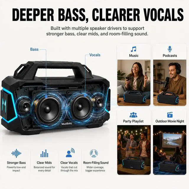 Alt view image 4 of 7 - 80W Portable Bluetooth Speaker, Loud Bass, IPX6 Waterproof, Black | Workshop, tailgate, RV, projector nights, fishing trips, boat deck, cookouts, USB music, AUX input, and room-filling audio