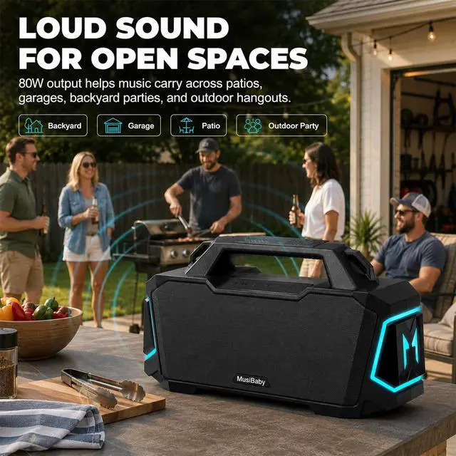 Alt view image 2 of 7 - 80W Portable Bluetooth Speaker, Loud Bass, IPX6 Waterproof, Black | Workshop, tailgate, RV, projector nights, fishing trips, boat deck, cookouts, USB music, AUX input, and room-filling audio
