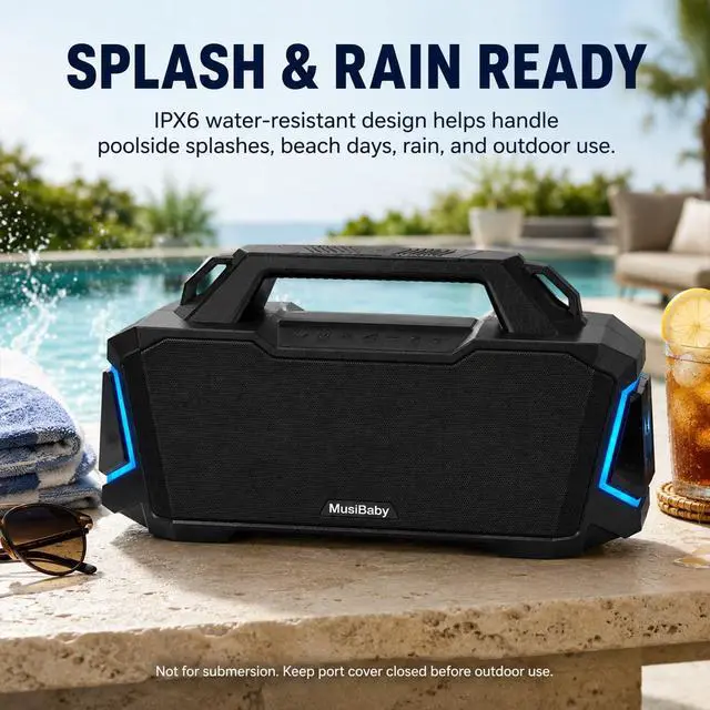 Alt view image 5 of 7 - 80W Portable Bluetooth Speaker, Loud Bass, IPX6 Waterproof, Black | Workshop, tailgate, RV, projector nights, fishing trips, boat deck, cookouts, USB music, AUX input, and room-filling audio