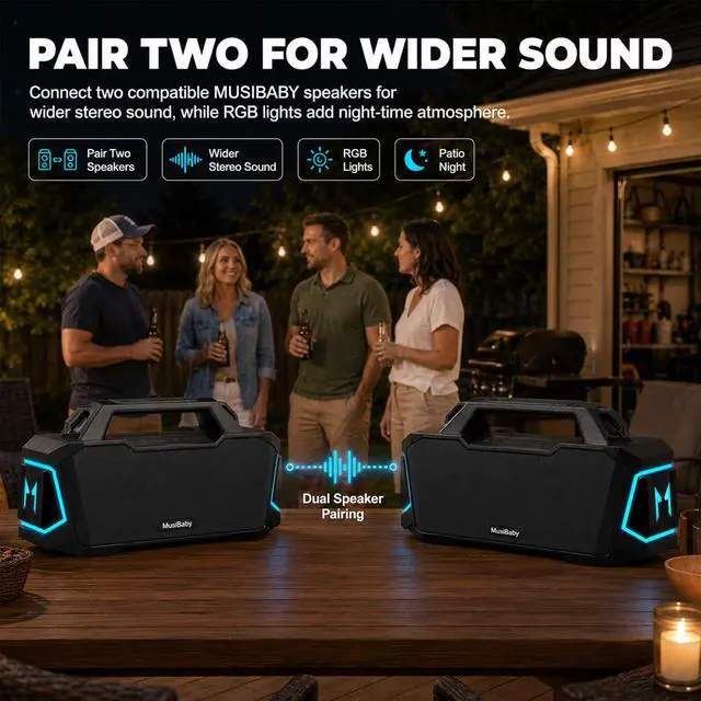 Alt view image 6 of 7 - 80W Portable Bluetooth Speaker, Loud Bass, IPX6 Waterproof, Black | Workshop, tailgate, RV, projector nights, fishing trips, boat deck, cookouts, USB music, AUX input, and room-filling audio
