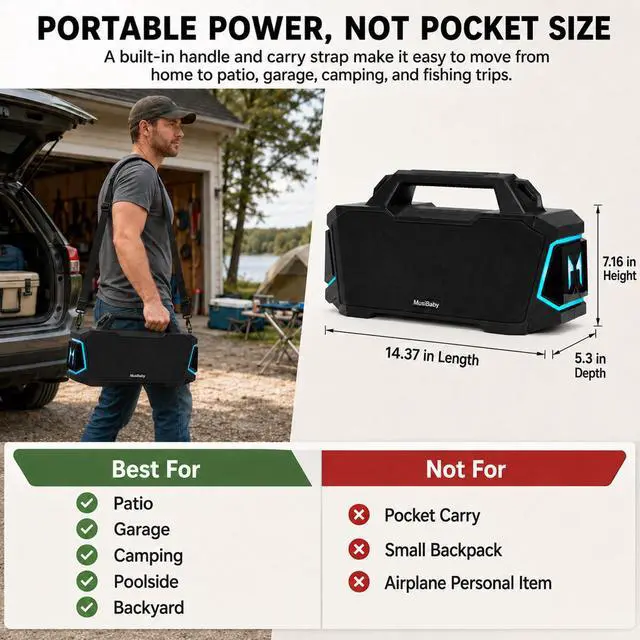 Alt view image 7 of 7 - 80W Portable Bluetooth Speaker, Loud Bass, IPX6 Waterproof, Black | Workshop, tailgate, RV, projector nights, fishing trips, boat deck, cookouts, USB music, AUX input, and room-filling audio