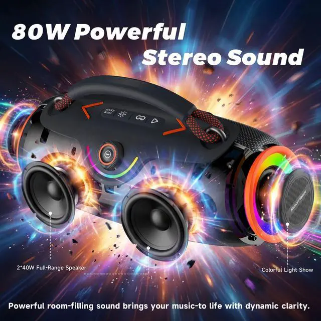 Alt view image 2 of 7 - Portable Bluetooth Speakers, 80W Wireless Outdoor Speakers, Black | IPX6 Waterproof, Bluetooth 5.3, Bass Boost, 24H Playtime, 8000mAh, RGB Lights, TWS Pairing for Party, Camping, Beach & Pool
