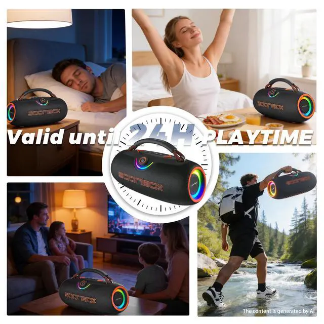 Alt view image 4 of 7 - Portable Bluetooth Speakers, 80W Wireless Outdoor Speakers, Black | IPX6 Waterproof, Bluetooth 5.3, Bass Boost, 24H Playtime, 8000mAh, RGB Lights, TWS Pairing for Party, Camping, Beach & Pool