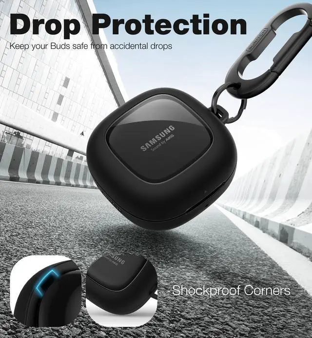 Alt view image 3 of 7 - Protective Case for Samsung Galaxy Buds FE(2023)/Buds 2 Pro(2022)/Buds 2(2021)/Buds Pro(2021)Buds Live(2020), Shockproof Sturdy Earbuds Cover for Charging Case with Heavy-Duty Carabiner, Black
