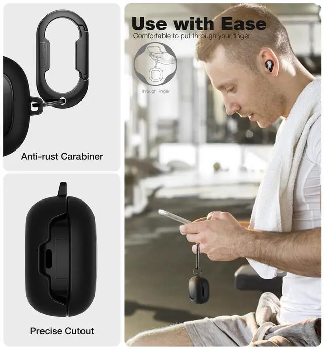 Alt view image 6 of 7 - Protective Case for Samsung Galaxy Buds FE(2023)/Buds 2 Pro(2022)/Buds 2(2021)/Buds Pro(2021)Buds Live(2020), Shockproof Sturdy Earbuds Cover for Charging Case with Heavy-Duty Carabiner, Black