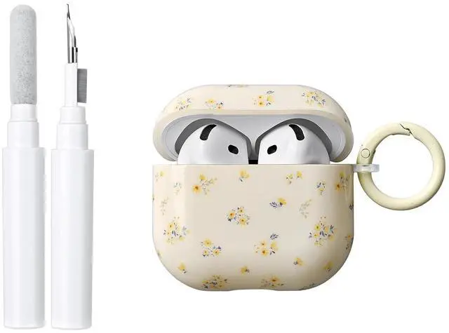 Main image of Compatible for Airpods 4 Generation Case with Cleaner Kit, Cute Floral Cream Beige Flower Design Soft TPU Protective Cover with Keychain Girls Women for AirPods 4 -Yellow