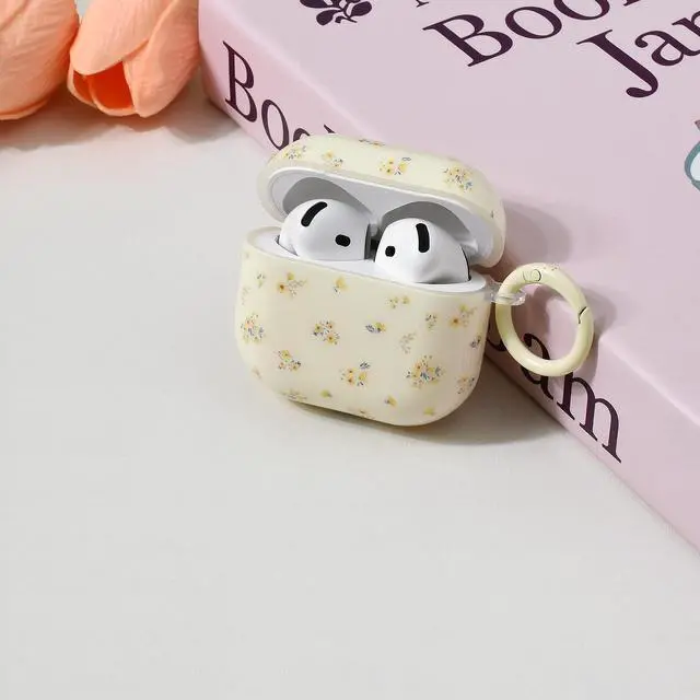 Alt view image 2 of 7 - Compatible for Airpods 4 Generation Case with Cleaner Kit, Cute Floral Cream Beige Flower Design Soft TPU Protective Cover with Keychain Girls Women for AirPods 4 -Yellow