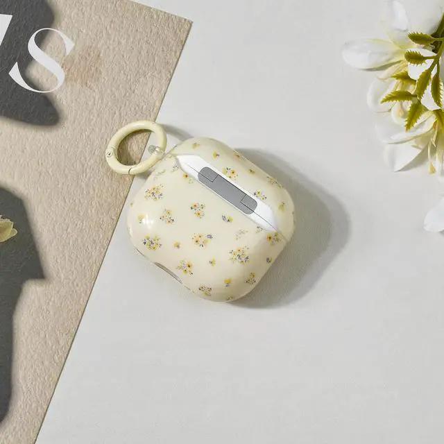 Alt view image 6 of 7 - Compatible for Airpods 4 Generation Case with Cleaner Kit, Cute Floral Cream Beige Flower Design Soft TPU Protective Cover with Keychain Girls Women for AirPods 4 -Yellow