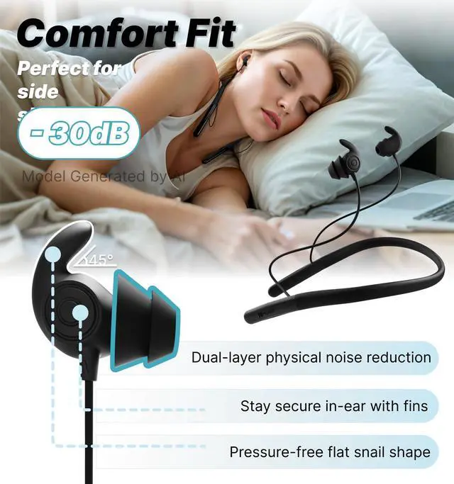 Alt view image 2 of 7 - HS88 Sleep Earbuds for Side Sleepers, 30dB Noise Isolation | Ultra-Thin Silicone, 12H Playtime with Sleep Timer, Secure Fit Neckband Headphones for Yoga, Travel, Audiobooks & Meditation