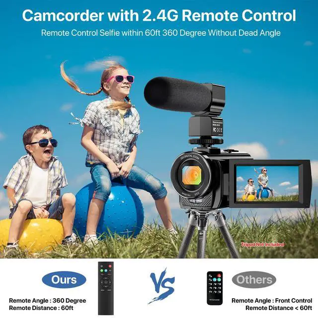 Alt view image 4 of 7 - Video Camera Camcorder FHD 1080P 24MP 3.0 270° Rotation IPS Screen 16X Digital Zoom YouTube Vlogging Camera Recorder with Microphone, Remote Control, 2 Batteries & Webcam Function