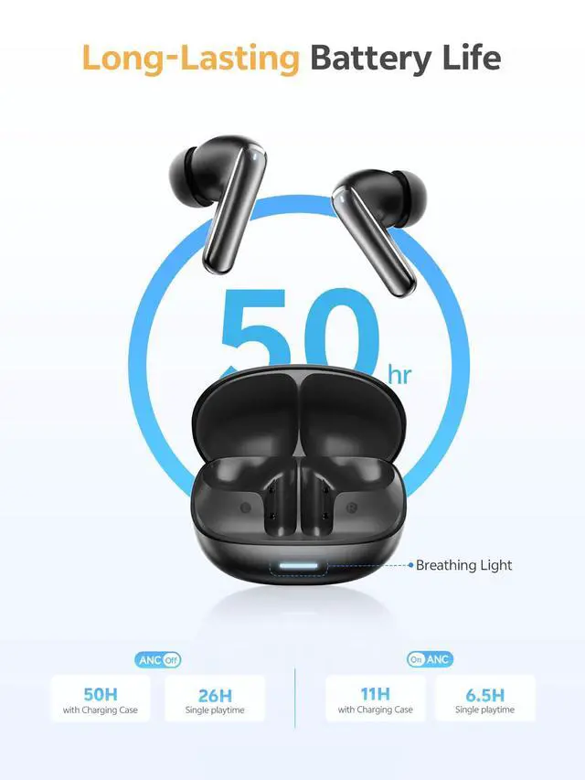 Alt view image 6 of 7 - MeloBuds N65 Wireless Earbuds, AI Adaptive Noise Cancelling, 60dB ANC Ear Buds Hi-Res Sound, 50H Playtime, Spatial Sound, Triple Device Connection, IPX5 Waterproof