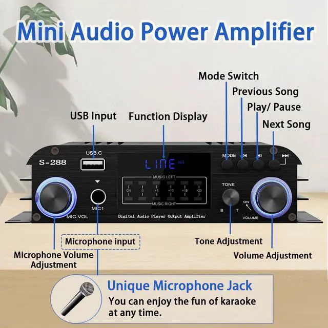 Alt view image 2 of 6 - 4 Channel Bluetooth 5.0 Stereo Amplifier 50Wx4 HiFi Power Amplifier, 1200W Max USB/SD/FM Inputs Class D Audio Amp with Remote and Power Adapter for Home Theater & Karaoke