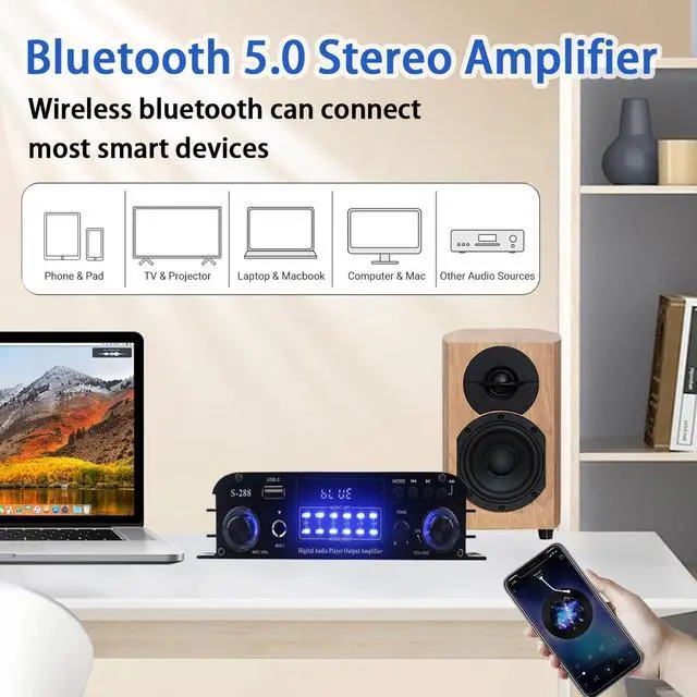 Alt view image 5 of 6 - 4 Channel Bluetooth 5.0 Stereo Amplifier 50Wx4 HiFi Power Amplifier, 1200W Max USB/SD/FM Inputs Class D Audio Amp with Remote and Power Adapter for Home Theater & Karaoke
