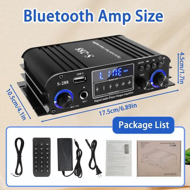 Alt view image 6 of 6 - 4 Channel Bluetooth 5.0 Stereo Amplifier 50Wx4 HiFi Power Amplifier, 1200W Max USB/SD/FM Inputs Class D Audio Amp with Remote and Power Adapter for Home Theater & Karaoke