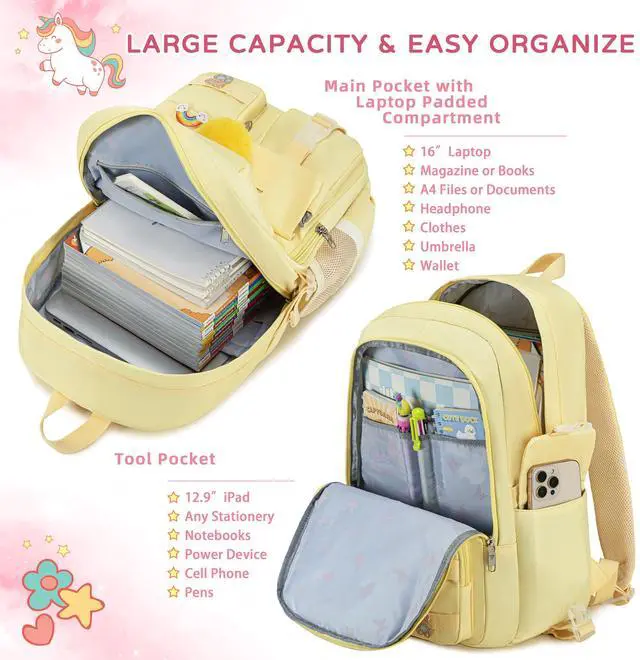 Alt view image 6 of 7 - Backpack for girls Laptop Backpacks 15.6 Inch College Cute Bookbag Anti Theft Primary Elementary School Bag Casual Daypack for Teens Girls Women Students Yellow