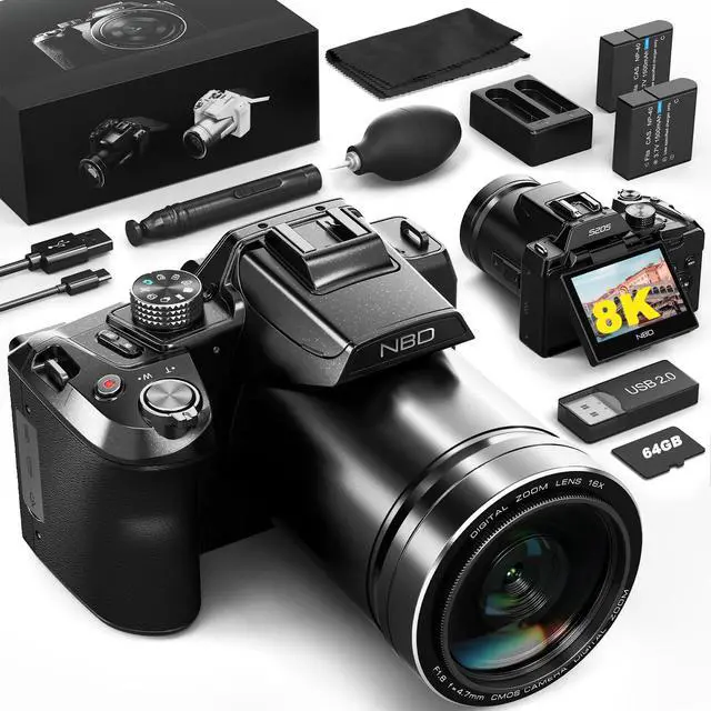 Main image of 64MP 8K Cameras for Photography with 2.8" Flip Screen & Hot Shoe, 16X Zoom, WiFi, Autofocus Vlogging Camera for YouTube, Includes 64GB Card & 2 Batteries (Black)