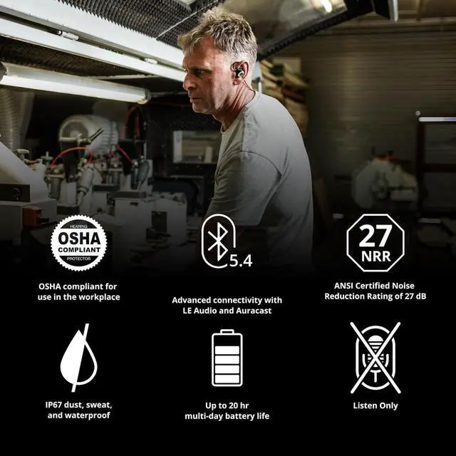 Alt view image 4 of 6 - Pro 3.0 Listen Only Ear Protection, OSHA Compliant Work Earbuds | 27 dB NRR, Bluetooth 5.4, 20-hour battery, 82 dB volume limit, OSHA compliant, industrial earplug fit