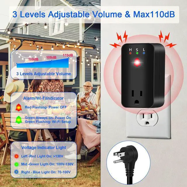 Alt view image 3 of 7 - Power Failure Alarm with WiFi App Notifications, Smart Power Outage Alarm | 110dB Power Outage Alert with LED Indicator for Home Power Monitor, Freezer, GFCI Outlet, Sump Pump, and Greenhouse