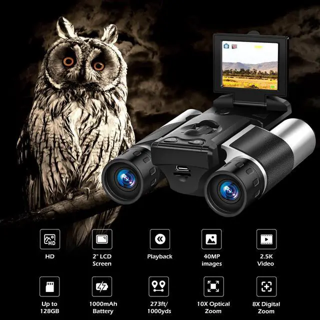 Alt view image 2 of 7 - 2 Inch Digital Binoculars Camera 8X Digital Zoom 40MP Photo 2.5K Video | Binoculars for Adults,10x Optical,Digital Binoculars for Bird Watching, Sports, Outdoor Adventures 32GB Memory Card
