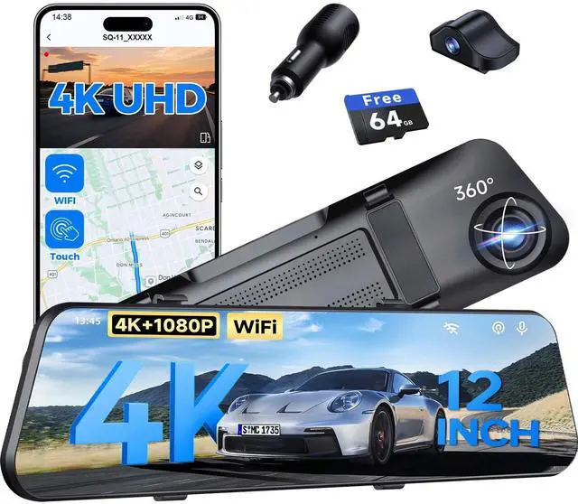 Main image of 4K Mirror Dash Cam,Rear View Mirror Camera with WiFi,Dash Cam Front and Rear for Car,G-Sensor,7/24H Parking Mode,12" Touch Screen,Includes 64GB Card