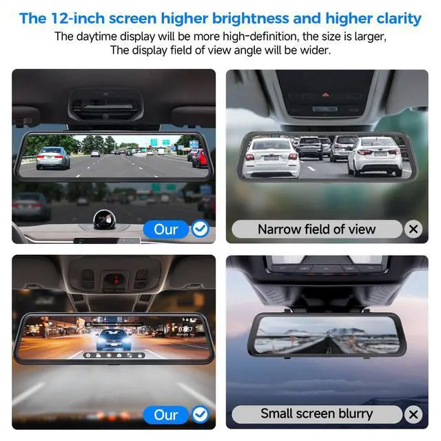 Alt view image 3 of 7 - 4K Mirror Dash Cam,Rear View Mirror Camera with WiFi,Dash Cam Front and Rear for Car,G-Sensor,7/24H Parking Mode,12" Touch Screen,Includes 64GB Card