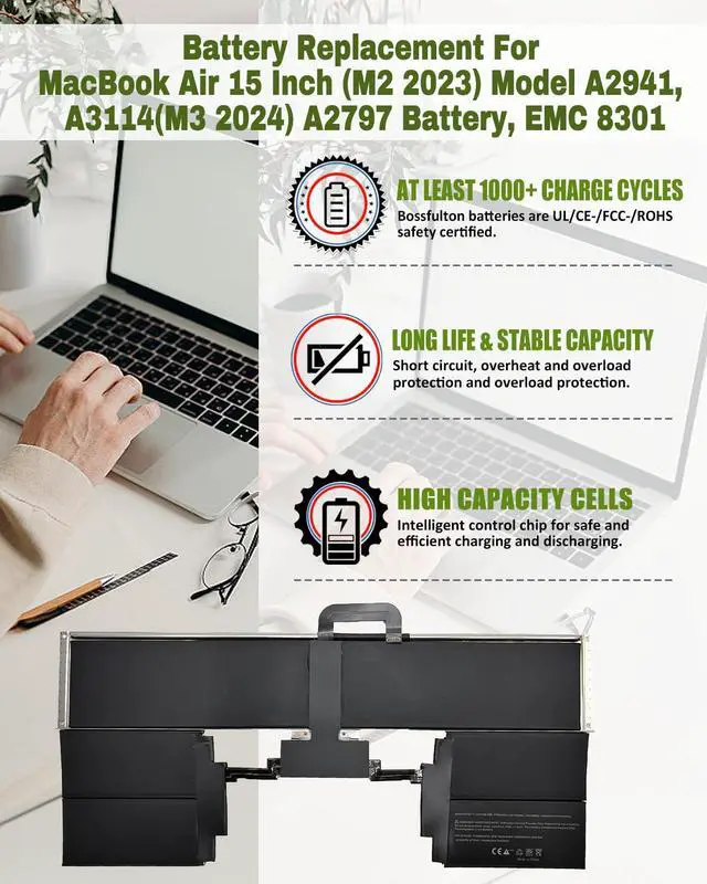 Alt view image 2 of 6 - A2797 A2941 Battery Replacement for MacBook Air 15 Inch (M2 2023) Model A2941, A3114(M3 2024) A2797 Battery, EMC 8301-66.5Wh 11.54V