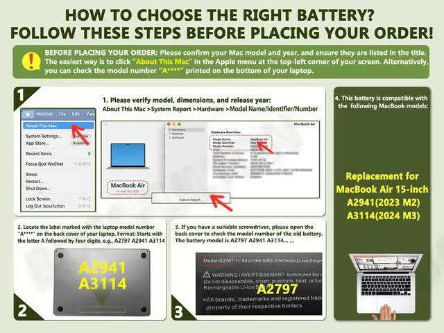 Alt view image 3 of 6 - A2797 A2941 Battery Replacement for MacBook Air 15 Inch (M2 2023) Model A2941, A3114(M3 2024) A2797 Battery, EMC 8301-66.5Wh 11.54V