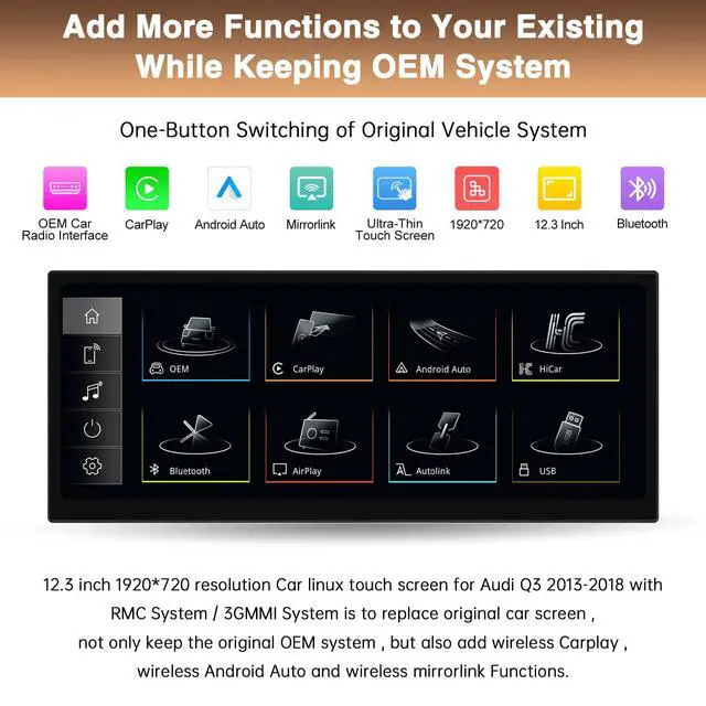 Alt view image 3 of 7 - 12.3" Display Touchscreen Car Radio for Audi Q3 2012-2018 with 3G/2G MMI System Support Wireless Carplay,Android Auto,Mirrorlink,Siri,Bluetooth,GPS