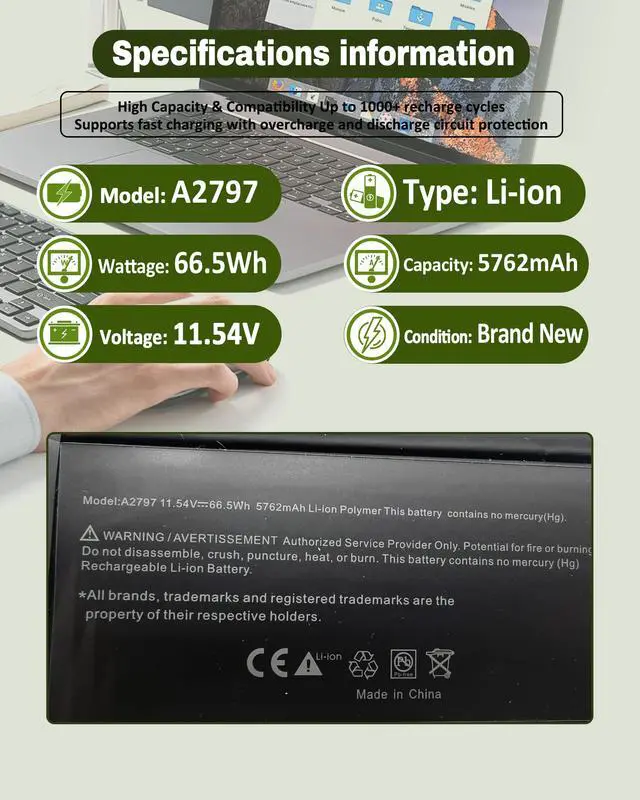 Alt view image 4 of 6 - A2797 A2941 Battery Replacement for MacBook Air 15 Inch (M2 2023) Model A2941, A3114(M3 2024) A2797 Battery, EMC 8301-66.5Wh 11.54V