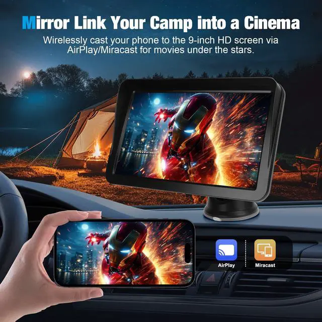 Alt view image 3 of 6 - Carplay Screen for Car, 9 inch Wireless Carplay (Black) | 1080P Backup cam,Portable Touchscreen car play,Wireless Android Auto, Bluetooth, Mirror Link,Voice Control,GPS,Plug and Play