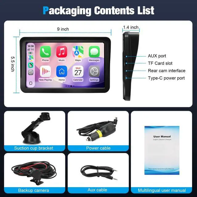 Alt view image 6 of 6 - Carplay Screen for Car, 9 inch Wireless Carplay (Black) | 1080P Backup cam,Portable Touchscreen car play,Wireless Android Auto, Bluetooth, Mirror Link,Voice Control,GPS,Plug and Play
