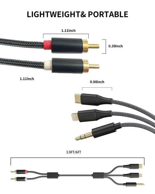 Alt view image 7 of 7 - 3-in-1 RCA Audio Cable Lightning USB C 3.5mm to 2 RCA | Compatible with iPhone Android Home Theater Car Stereo Speaker Amplifier 3.9FT RCA Cable for Audio Connection
