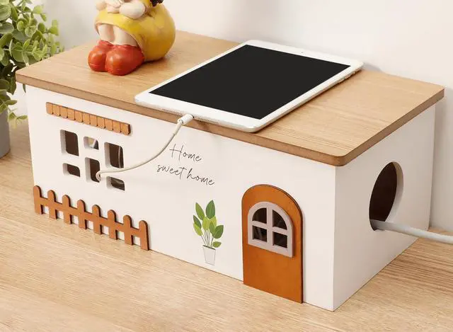 Main image of Cable Management Box, Wood Extension Cord Organizer, Handmade Power Strip Box for TV Computer Wire USB Hub System, Surge Protector Cord Hider Box on Desk or Floor (Large)