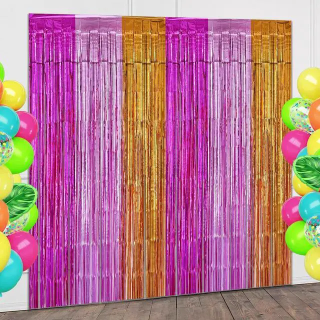 Main image of Hawaiian Fringe Backdrop Birthday Decorations, 2 Pack 3.2x6.6ft Peach Pink and Orange Hawaiian Foil Fringe Curtains Photo Booth Props Tropical Birthday Party Decorations Supplies Favors for Women