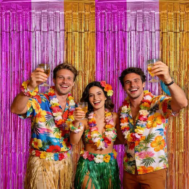 Alt view image 4 of 6 - Hawaiian Fringe Backdrop Birthday Decorations, 2 Pack 3.2x6.6ft Peach Pink and Orange Hawaiian Foil Fringe Curtains Photo Booth Props Tropical Birthday Party Decorations Supplies Favors for Women
