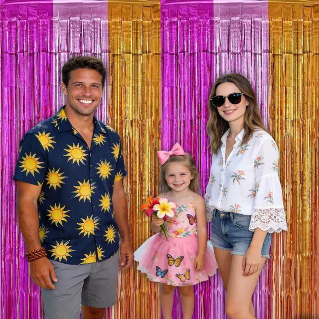 Alt view image 5 of 6 - Hawaiian Fringe Backdrop Birthday Decorations, 2 Pack 3.2x6.6ft Peach Pink and Orange Hawaiian Foil Fringe Curtains Photo Booth Props Tropical Birthday Party Decorations Supplies Favors for Women