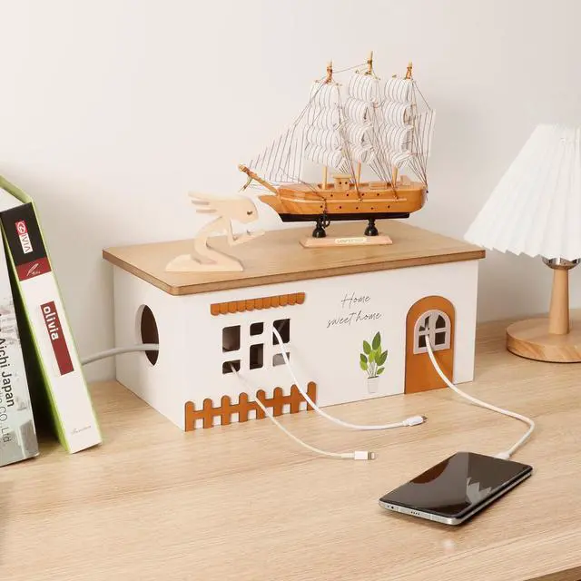 Alt view image 3 of 6 - Cable Management Box, Wood Extension Cord Organizer, Handmade Power Strip Box for TV Computer Wire USB Hub System, Surge Protector Cord Hider Box on Desk or Floor (Large)