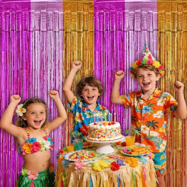 Alt view image 6 of 6 - Hawaiian Fringe Backdrop Birthday Decorations, 2 Pack 3.2x6.6ft Peach Pink and Orange Hawaiian Foil Fringe Curtains Photo Booth Props Tropical Birthday Party Decorations Supplies Favors for Women