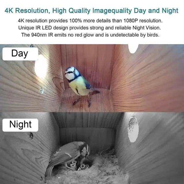 Alt view image 3 of 6 - WiFi Bird Box Camera, 4K HD WLAN, Live Video to Phone, Easy Installation to Most of Bird Box Bird House Birdhouse Feeders Nesting, for Robins, Wrens, Tree Swallows, with Night Mode, Recording