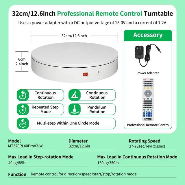 Alt view image 2 of 7 - Remote-Controlled Motorized Electric Turntable,Rotating Display Stand,Speed-Adjustable Rotating Platform,Multi-Mode 360° Photography Turntable for 3D Scan,Photography,Showcase(12.6inch/White)