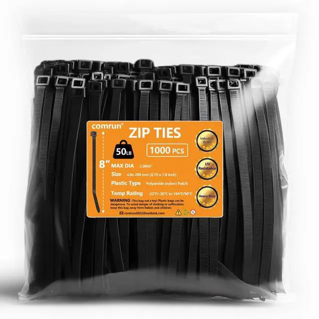 Main image of 1000pcs 8Inch Nylon Zip Ties, 50 Pounds Tensile Strength, Black Cable Tie, Industrial Grade, UV Resistant,Heavy Duty,for Home,Garden Trellis,Office,Garage and Workshop
