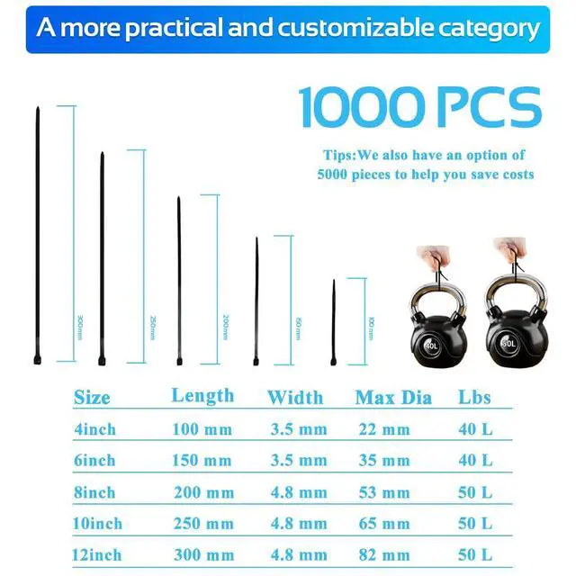 Alt view image 5 of 6 - 1000pcs 8Inch Nylon Zip Ties, 50 Pounds Tensile Strength, Black Cable Tie, Industrial Grade, UV Resistant,Heavy Duty,for Home,Garden Trellis,Office,Garage and Workshop