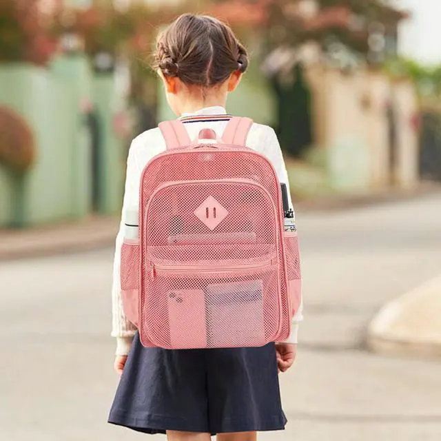 Alt view image 2 of 7 - Mesh Bacpack Heavy Duty for School, Lightweight See Through College Backpack for Work Beach Sports (Pink), Large