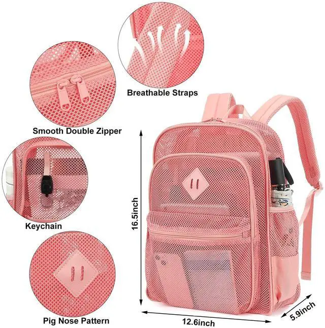 Alt view image 3 of 7 - Mesh Bacpack Heavy Duty for School, Lightweight See Through College Backpack for Work Beach Sports (Pink), Large
