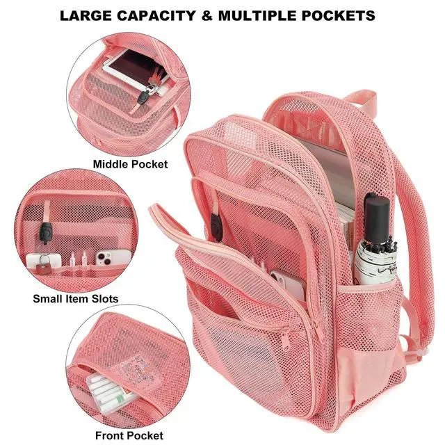 Alt view image 5 of 7 - Mesh Bacpack Heavy Duty for School, Lightweight See Through College Backpack for Work Beach Sports (Pink), Large