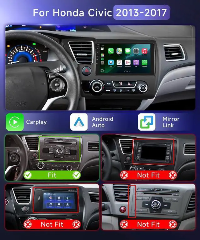 Alt view image 2 of 7 - 4G+64G Car Stereo for Honda Civic 2013 2014 2015 2016 2017 Radio,Wireless Carplay Android Auto,9inch 1280x720P IPS Touch Screen,32EQ,5.0Bluetooth,IP69K Backup Camera,MirrorLink FM/RDS