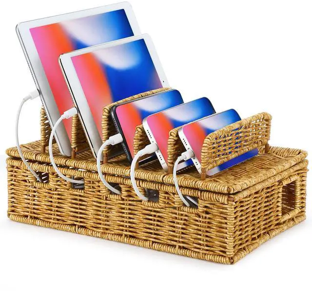 Main image of Cable Management Box Handwoven Imitation Rattan Cord Hider Box Charging Station Basket Desktop Cord Organizer with Removable Divider for Laptop Tablet 12.5lx5.9hx7.6w-inch(Rattan Color)