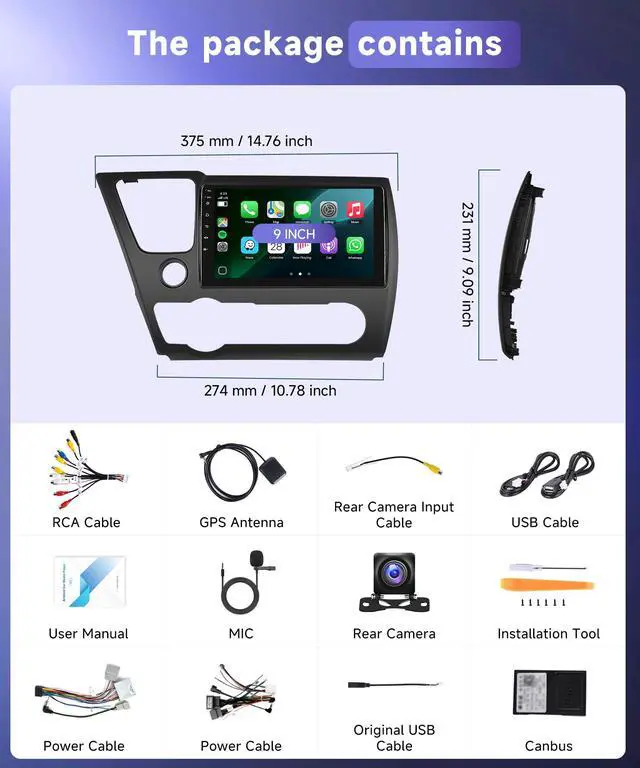 Alt view image 7 of 7 - 4G+64G Car Stereo for Honda Civic 2013 2014 2015 2016 2017 Radio,Wireless Carplay Android Auto,9inch 1280x720P IPS Touch Screen,32EQ,5.0Bluetooth,IP69K Backup Camera,MirrorLink FM/RDS