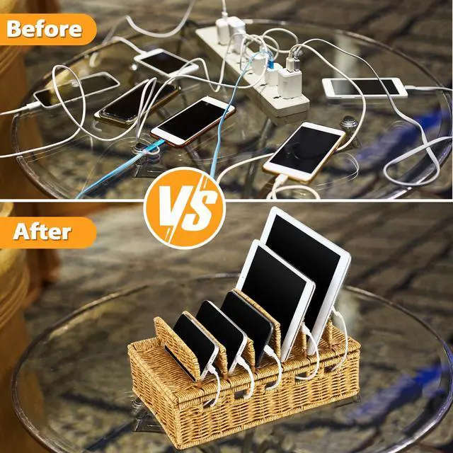 Alt view image 4 of 7 - Cable Management Box Handwoven Imitation Rattan Cord Hider Box Charging Station Basket Desktop Cord Organizer with Removable Divider for Laptop Tablet 12.5lx5.9hx7.6w-inch(Rattan Color)
